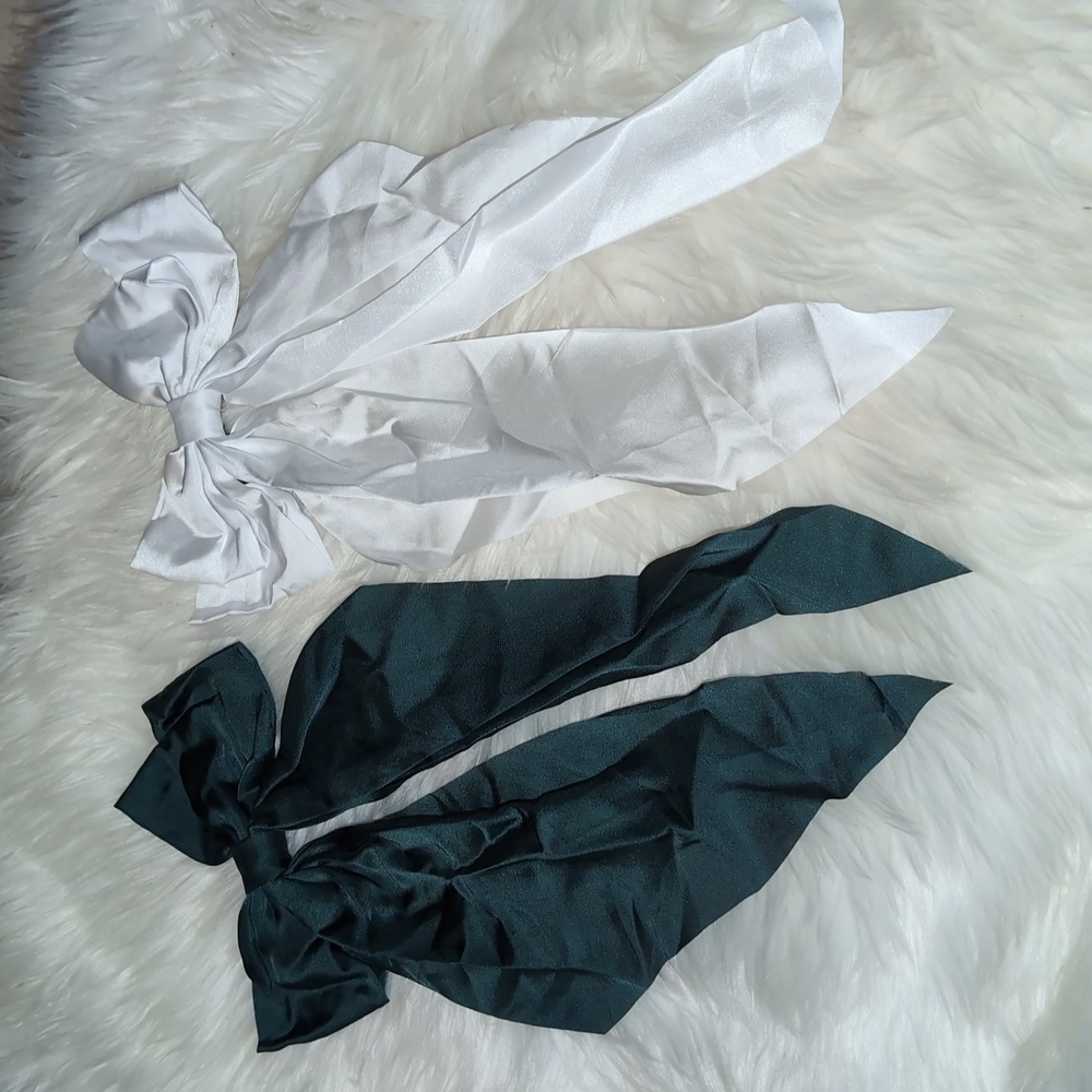 Elegant Satin Hair Bows in Dark Green and Vibrant White